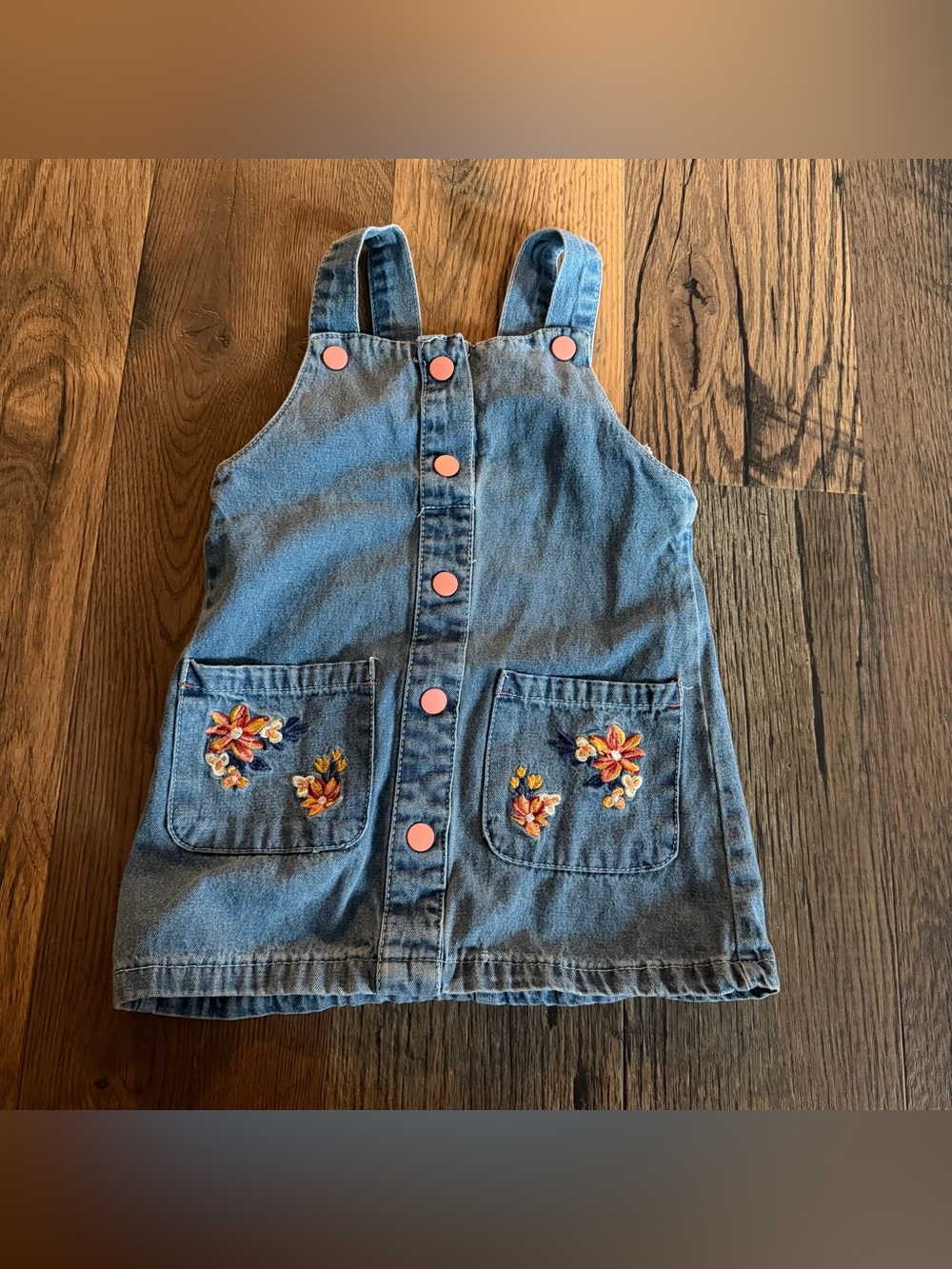 Girls Blue Denim Dress with Pink Buttons and Floral Embroidery